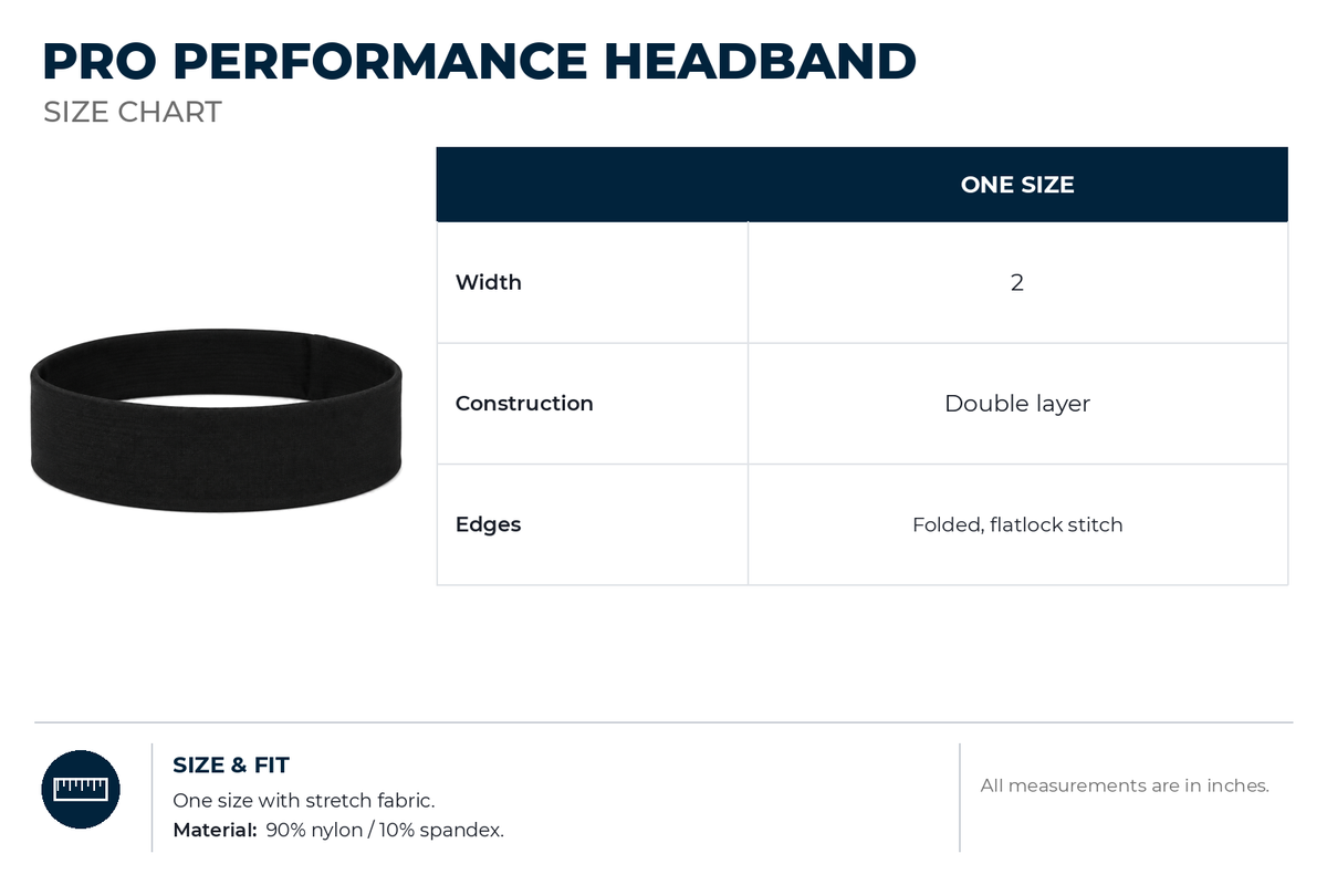 Pro Performance Headband size chart