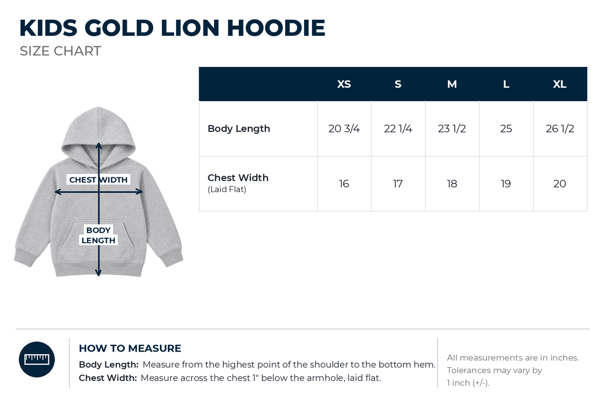Kids Gold Lion Hoodie size chart