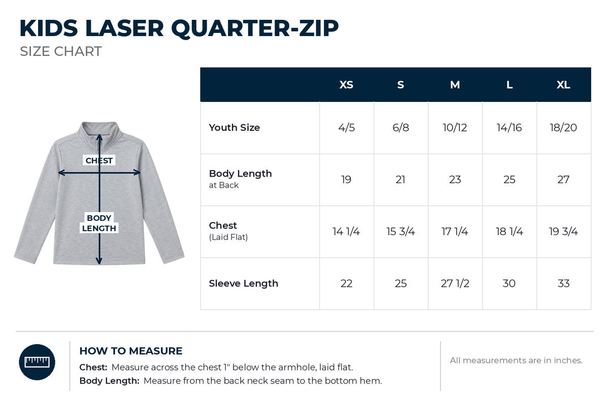 Kids Laser Quarter-Zip size chart