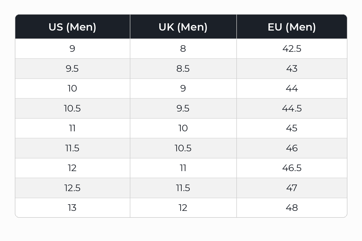 KOURT court shoes size chart (US, UK, EU men's)