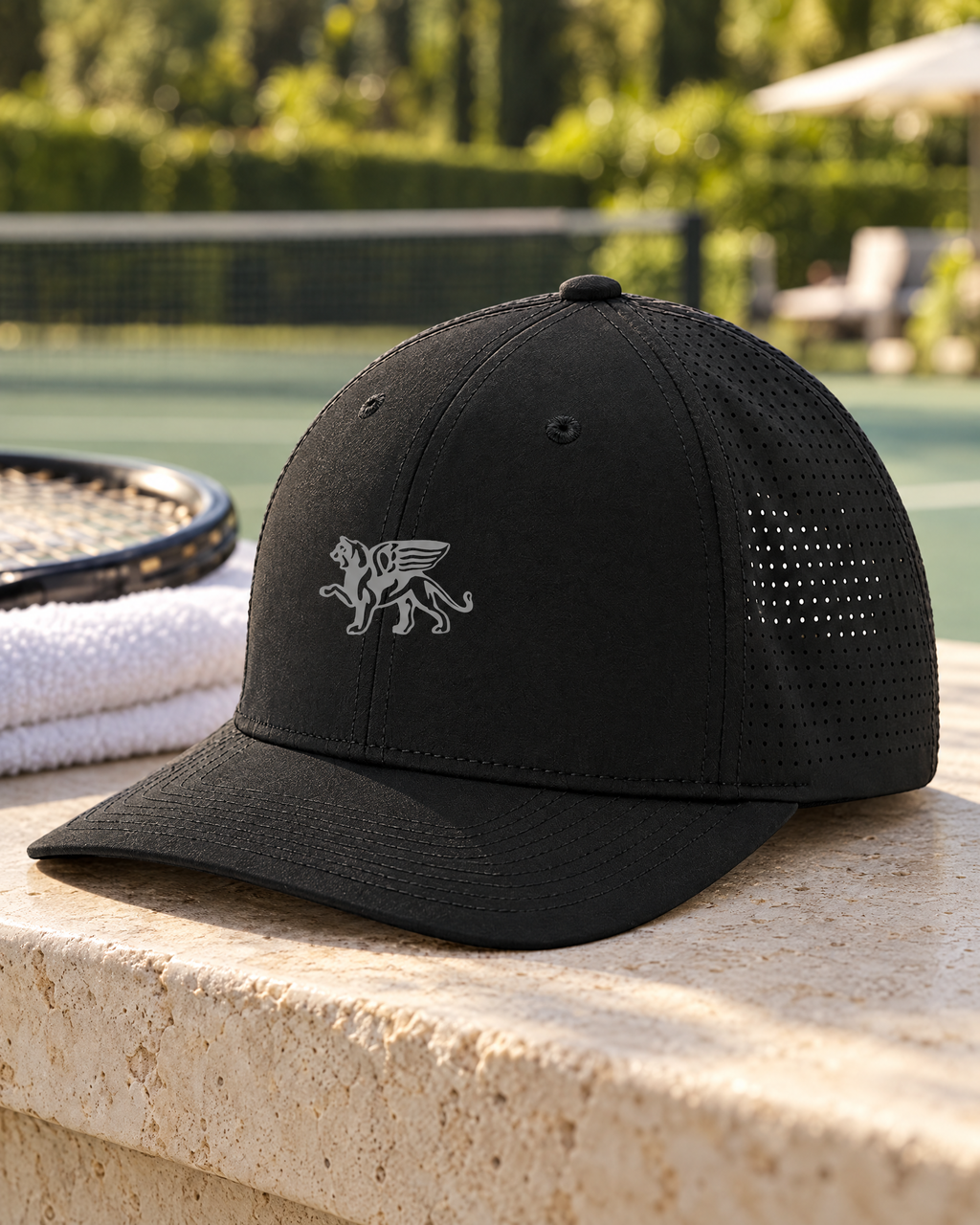 Pro Performance Cap in black at a tennis club